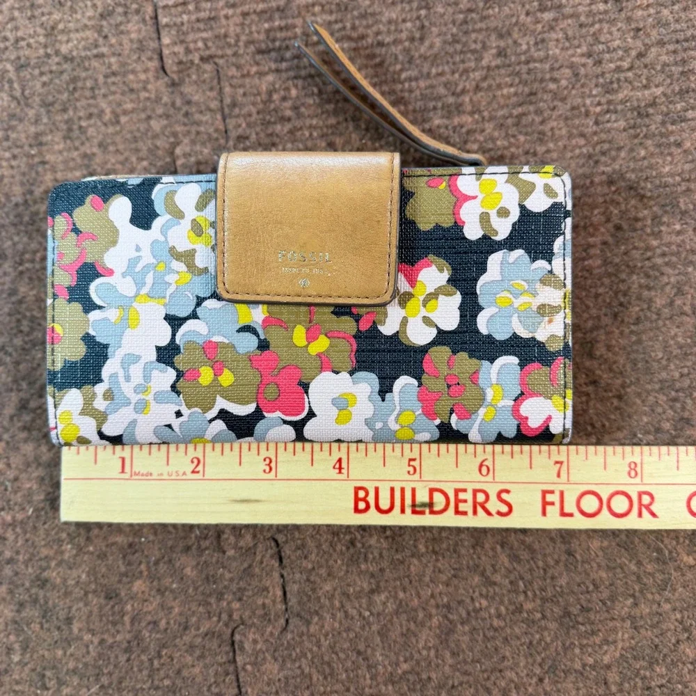 Fossil Logan Slim Bifold Wallet Floral Print Tan Leather Trim Multicolor 1841